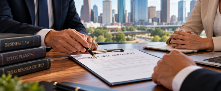 Texas business owners reviewing a buy sell agreement with a business attorney in Houston, TX, to plan ownership transfers and business succession.