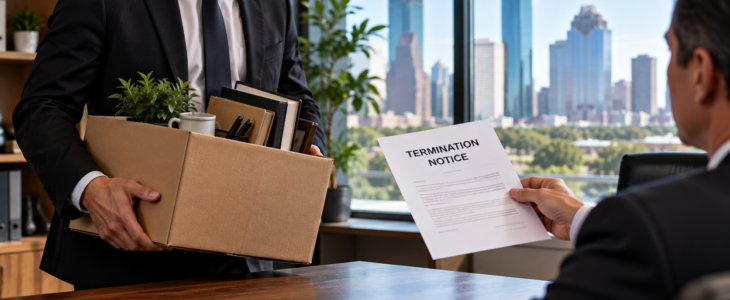 Employee carrying personal belongings after receiving a termination notice from an employer in a Houston, TX office, illustrating at-will employment and wrongful termination laws in Texas.