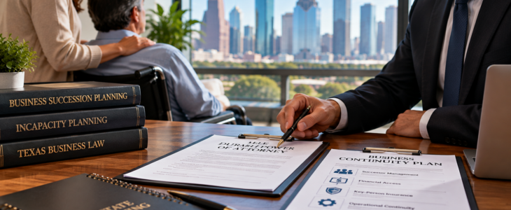 Business attorney reviewing durable power of attorney and business continuity planning documents to protect a Houston, TX business if its owner becomes incapacitated.