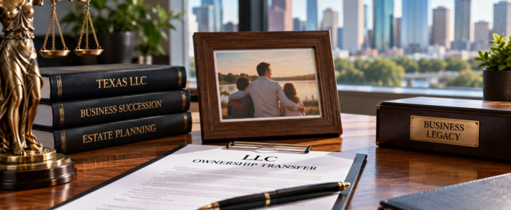 Texas LLC ownership transfer and estate planning documents displayed with a family photograph, representing business succession planning after an LLC owner's death in Houston, TX.